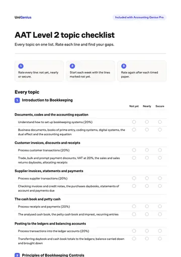 Page one of the AAT Level 2 topic checklist