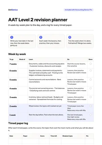 Page one of the AAT Level 2 revision planner