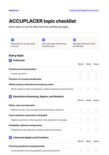 Page one of the ACCUPLACER topic checklist