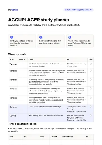 Page one of the ACCUPLACER study planner