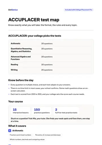 Page one of the ACCUPLACER test map