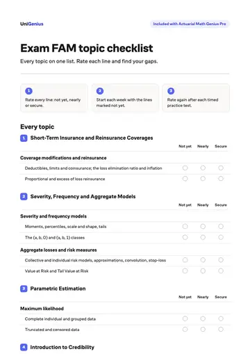 Page one of the Exam FAM topic checklist
