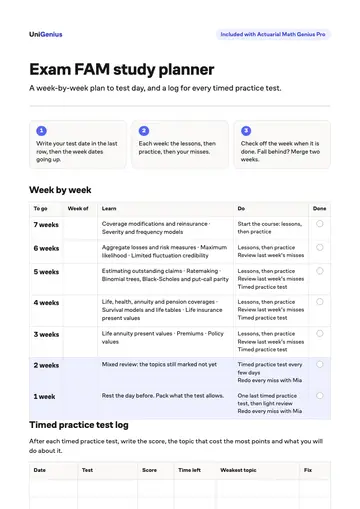 Page one of the Exam FAM study planner