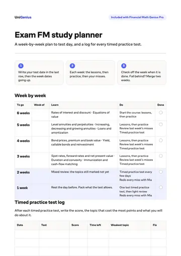 Page one of the Exam FM study planner