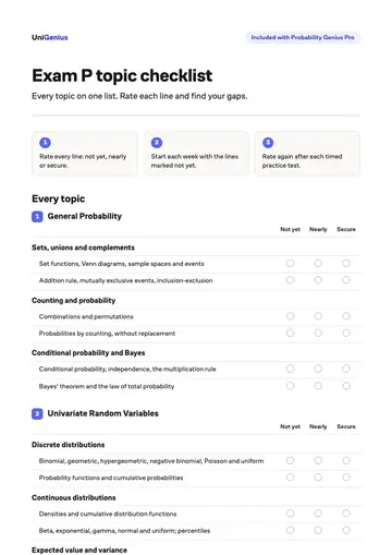 Page one of the Exam P topic checklist