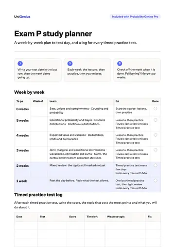 Page one of the Exam P study planner