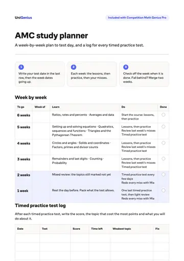 Page one of the AMC study planner