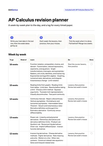 Page one of the AP Calculus revision planner