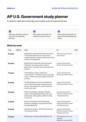 Page one of the AP U.S. Government study planner