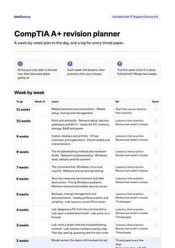 Page one of the CompTIA A+ revision planner