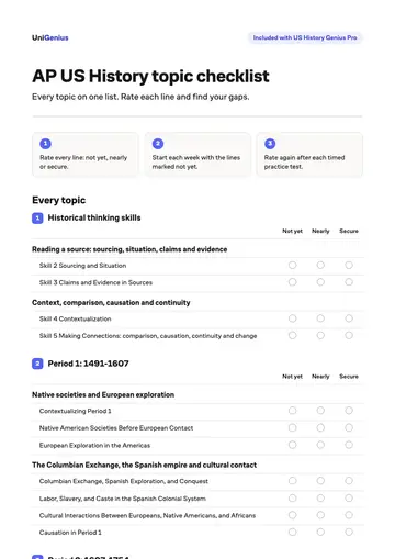 Page one of the AP US History topic checklist