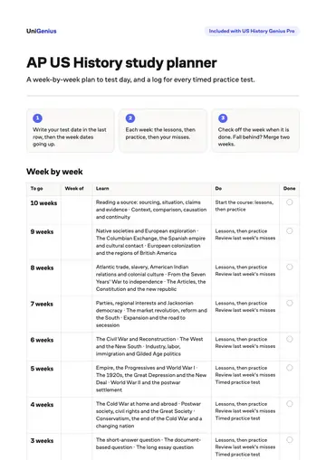 Page one of the AP US History study planner