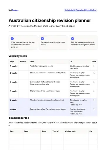 Page one of the Australian citizenship revision planner
