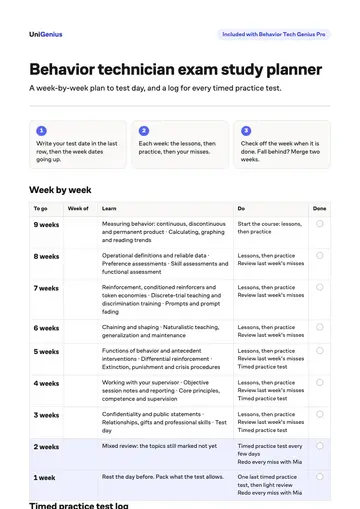 Page one of the Behavior technician exam study planner
