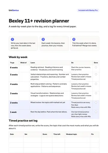 Page one of the Bexley 11+ revision planner