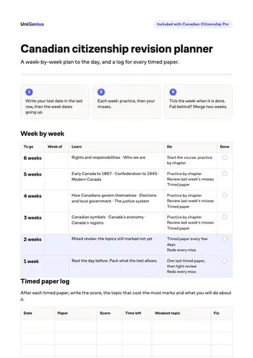 Page one of the Canadian citizenship revision planner