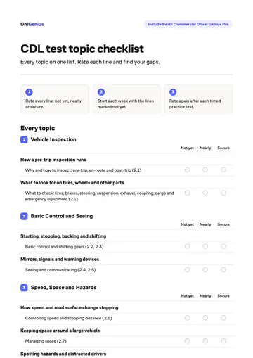 Page one of the CDL test topic checklist