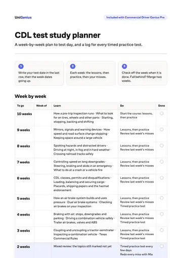 Page one of the CDL test study planner