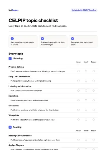 Page one of the CELPIP topic checklist