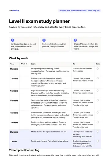 Page one of the Level II exam study planner