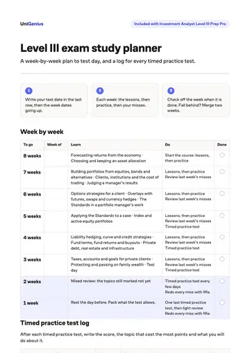 Page one of the Level III exam study planner