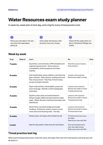 Page one of the Water Resources exam study planner