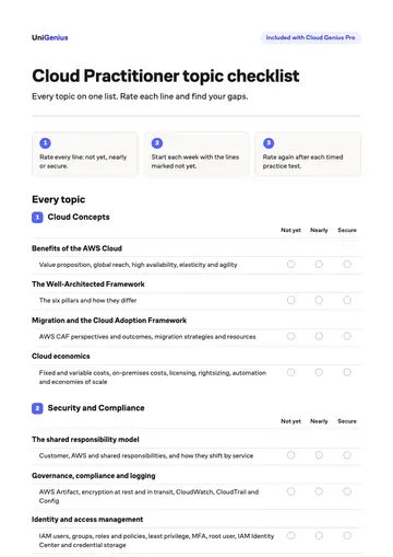 Page one of the Cloud Practitioner topic checklist