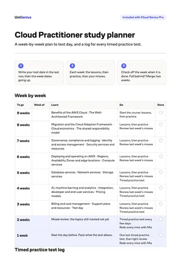 Page one of the Cloud Practitioner study planner