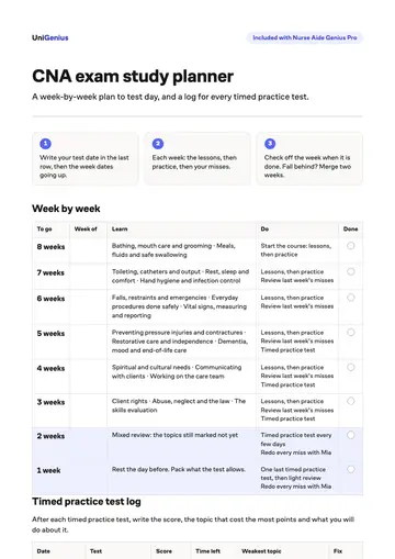 Page one of the CNA exam study planner