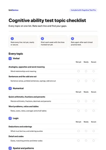 Page one of the Cognitive ability test topic checklist
