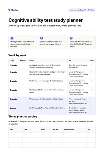 Page one of the Cognitive ability test study planner