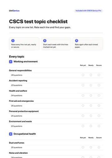 Page one of the CSCS test topic checklist