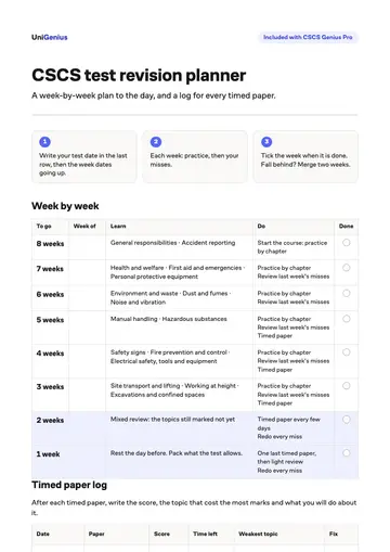 Page one of the CSCS test revision planner