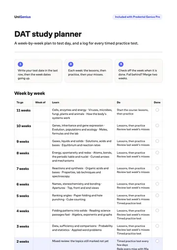 Page one of the DAT study planner