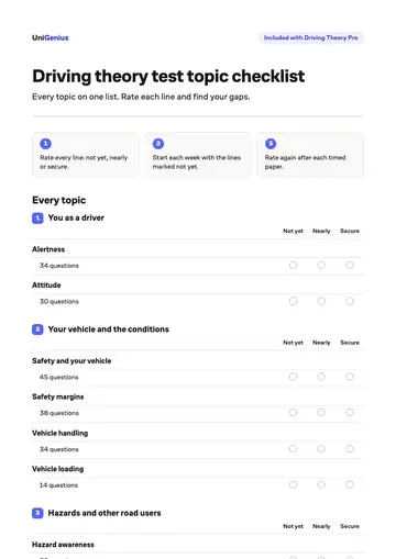 Page one of the Driving theory test topic checklist