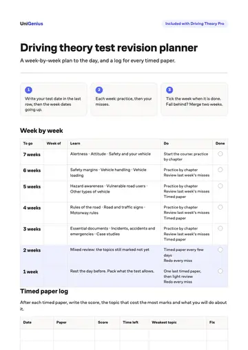 Page one of the Driving theory test revision planner