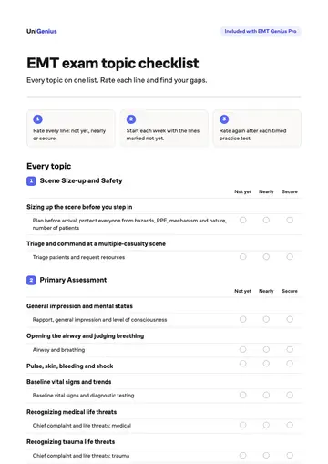 Page one of the EMT exam topic checklist