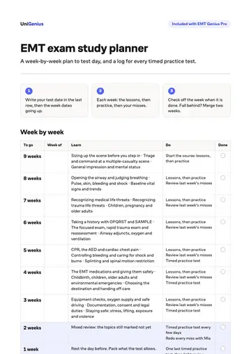 Page one of the EMT exam study planner