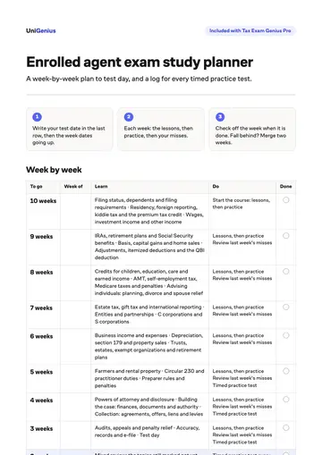 Page one of the Enrolled agent exam study planner
