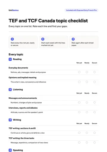 Page one of the TEF and TCF Canada topic checklist