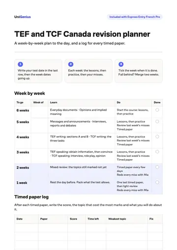 Page one of the TEF and TCF Canada revision planner