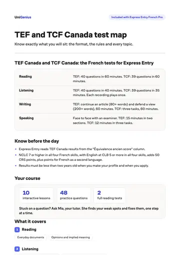 Page one of the TEF and TCF Canada test map