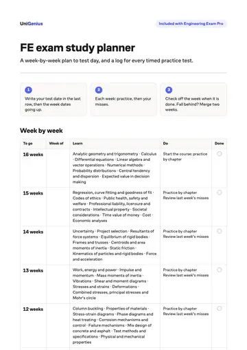Page one of the FE exam study planner