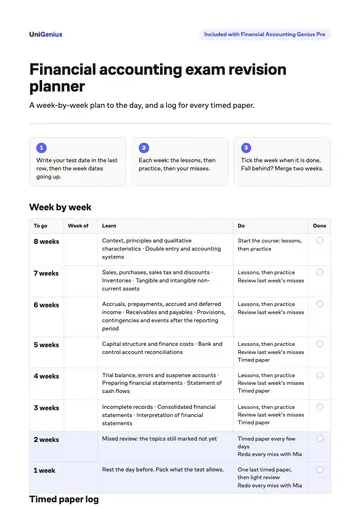Page one of the Financial accounting exam revision planner