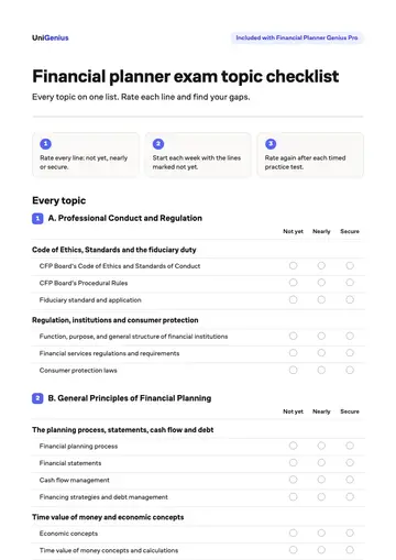 Page one of the Financial planner exam topic checklist
