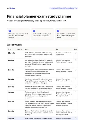 Page one of the Financial planner exam study planner