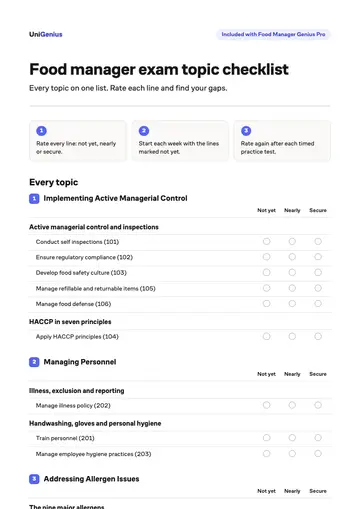 Page one of the Food manager exam topic checklist