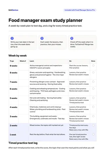 Page one of the Food manager exam study planner