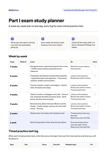 Page one of the Part I exam study planner