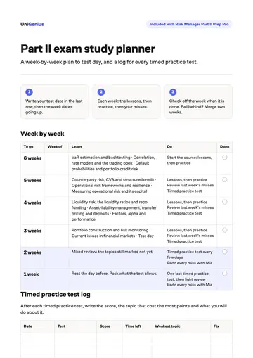 Page one of the Part II exam study planner
